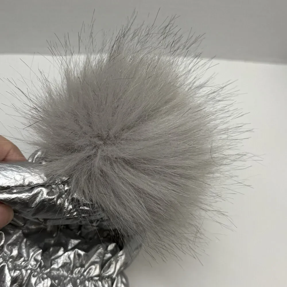 Justice Girls Faux Fur Pom Metallic Silver Quilted Beanie
